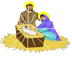 El misterio de la Encarnación. imagen animada en la que aparecen la Virgen y san José con el niño Jesús de quien salen unos rayos de luz parpadeantes. 
