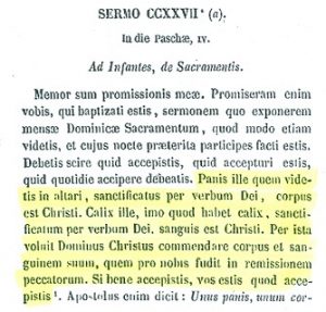 Presencia real de Cristo en la eucaristía. San Agustín (PL 38,1099)